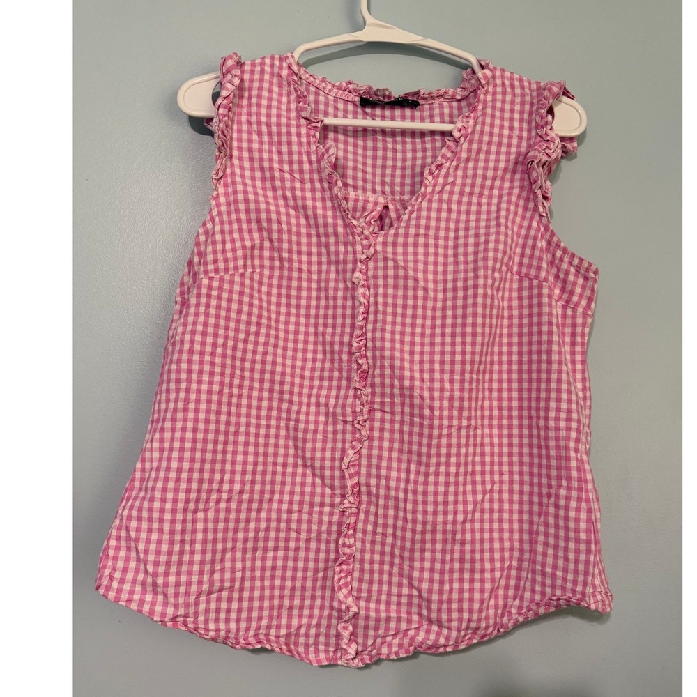 Allegra K Women's S Pink Gingham Ruffle Sleeveless Blouse Cotton V-Neck Top 1034